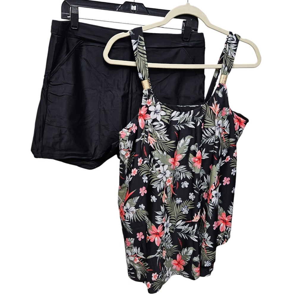 Arolina Tankini Swimsuit Women XL Black Tropical Floral Pocket Swim Shorts‎ Set